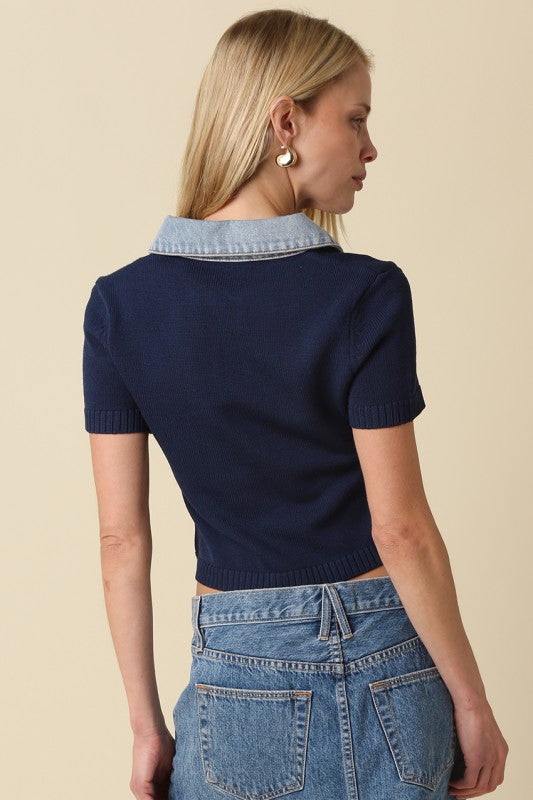 Alessandra Denim Collar top - Navy Blue