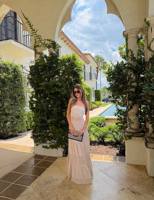Model in the Lucia crochet maxi dress in a Boca Raton courtyard, styled by Ania Boutique